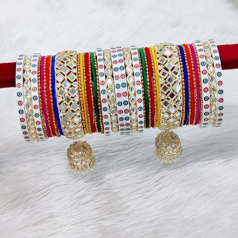 cuff bangle ladies bracelet-Pooja Bangles Gold Plated Kundan And Mirror Bangles Set