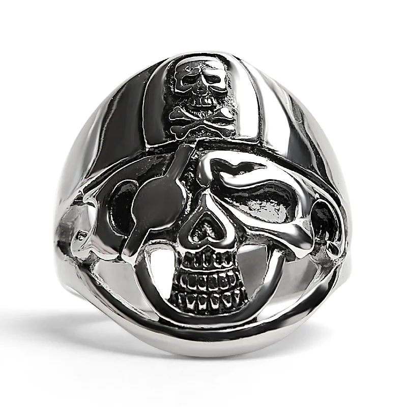 rose quartz ladies ring-Detailed Eye Patch Skull With Skull Hat Stainless Steel Ring / SCR4028