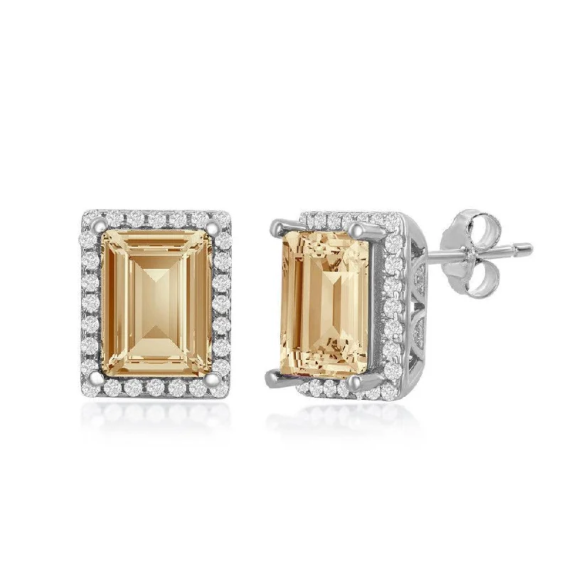 fine jewelry ladies earrings-Sterling Silver CZ 8x6mm Rectangular Step-Cut Golden Shadow Swarovski Element Earrings