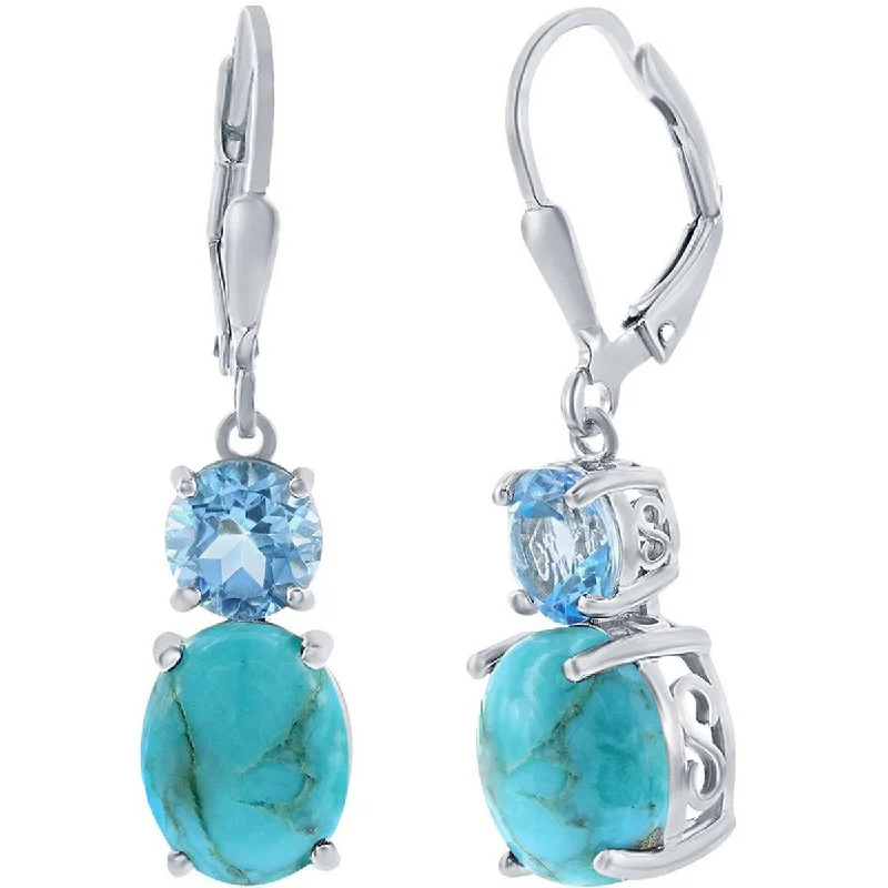 angel wing ladies earrings-Classic Women's Earrings - Oval Shape Turquoise and Round Blue Topaz Gemstone | D-8111