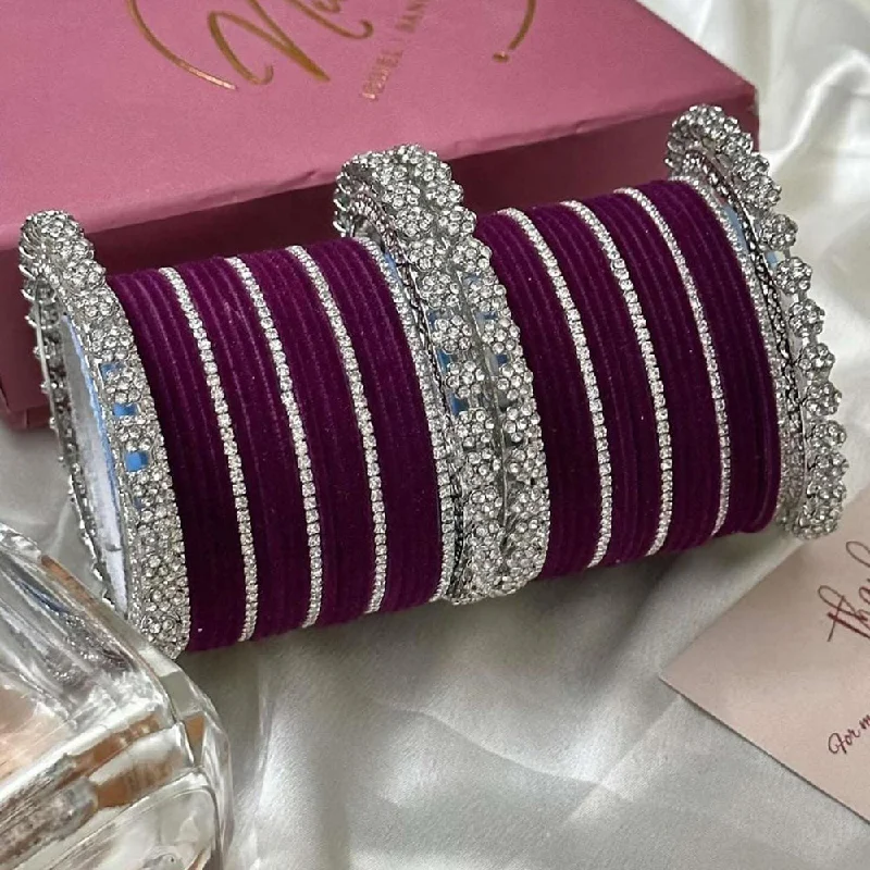 diamond ladies bracelet-Manisha Jewellery Silver Plated Austrian Stone Velvet Bangles Set