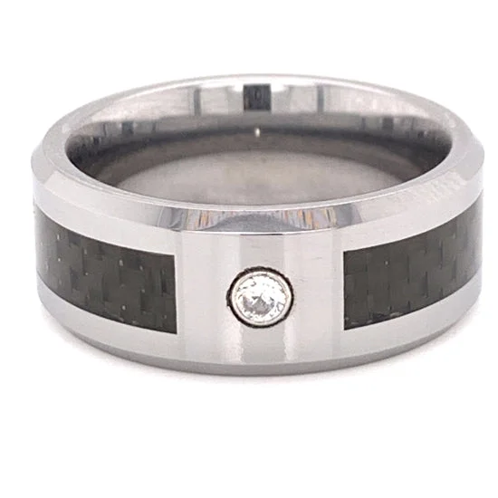 luxury bridal ladies ring-Black Fiber Center With Clear CZ Stone Tungsten Comfort Fit Ring / TGR1013