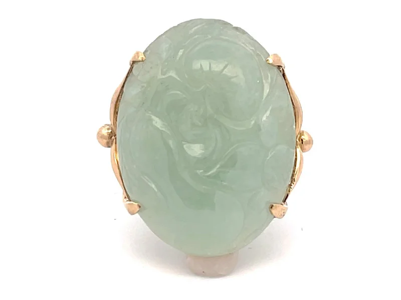 gradient gemstone ladies ring-Large Oval Carved Cabochon Pale Green Jade Ring in 14k Yellow Gold