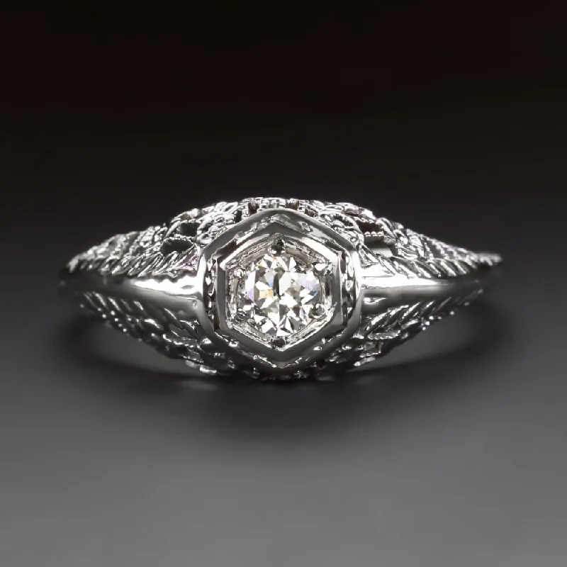 gold engagement ring for women-ART DECO DIAMOND RING OLD EUROPEAN CUT 1/4ct VINTAGE FILIGREE 18k WHITE GOLD