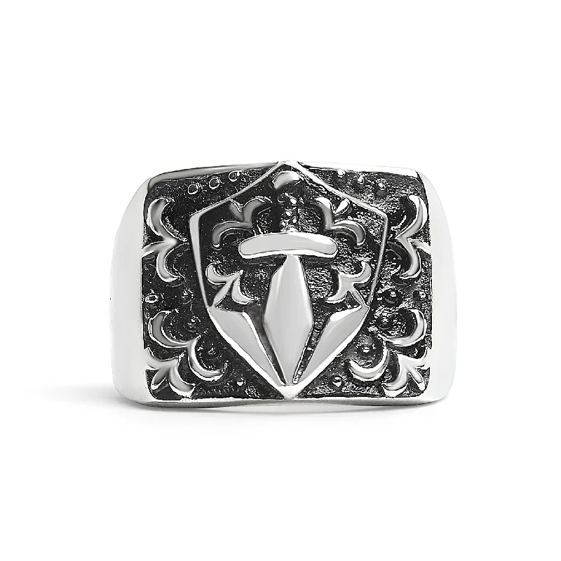 mother-of-pearl ladies ring-Stainless Steel Sword And Fleur De Lis Signet Ring / SCR2218