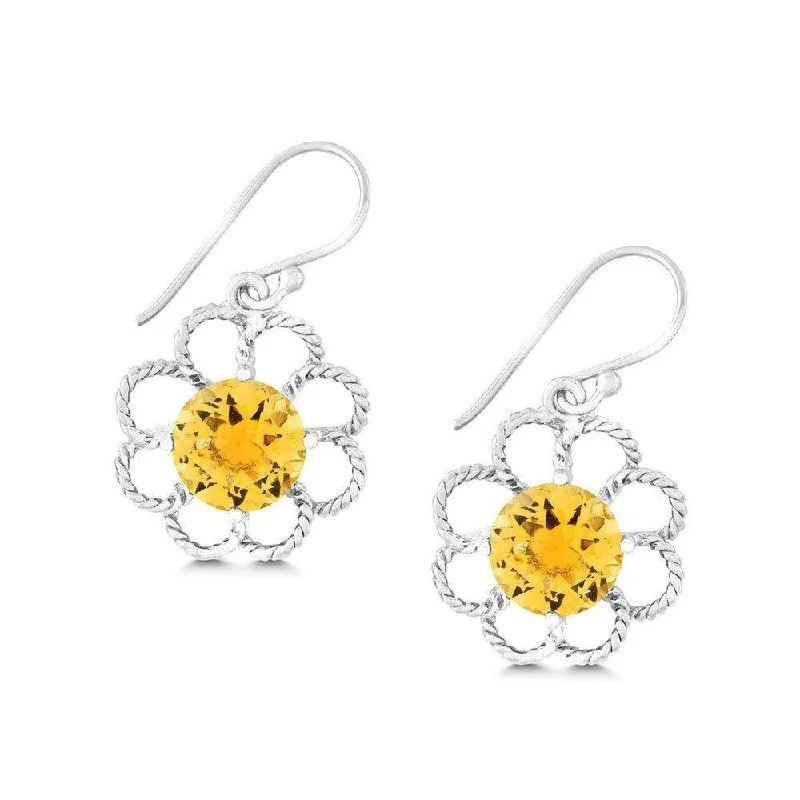 boho chic ladies earrings-Sterling Silver Open Petal Flower with Center Round Citrine Earrings