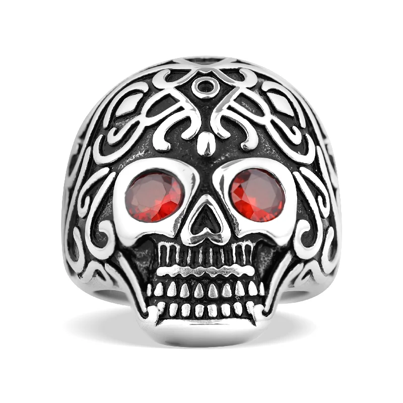 hidden halo ladies ring-Detailed Skull With Red CZ Eyes Stainless Steel Polished Ring Size 11 / SCR0000