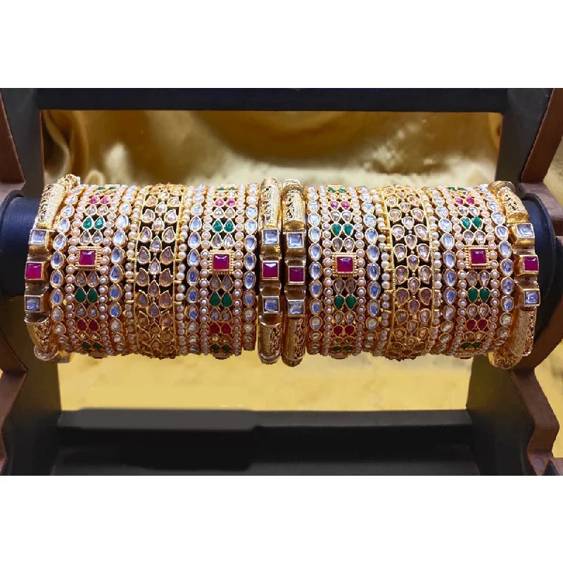 personalized name ladies bracelet-Akruti Collection Gold Plated Pearl And Kundan Bangle Set