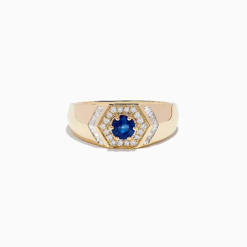 marquise-cut engagement ring for women-Men's 14K Yellow Gold Blue Sapphire and Diamond Ring