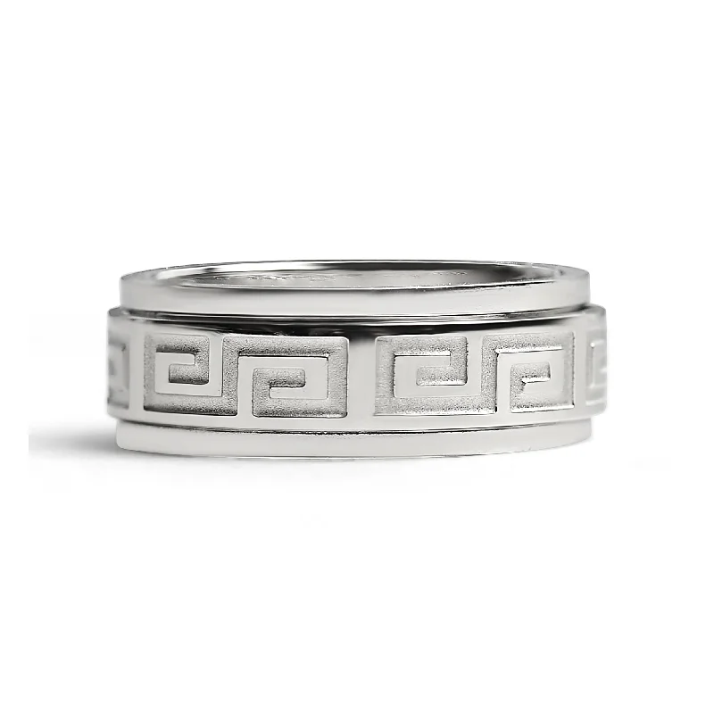 trillion-cut ladies ring-Highly Polished Greek Key Stainless Steel Spinner Ring / SRJ2048