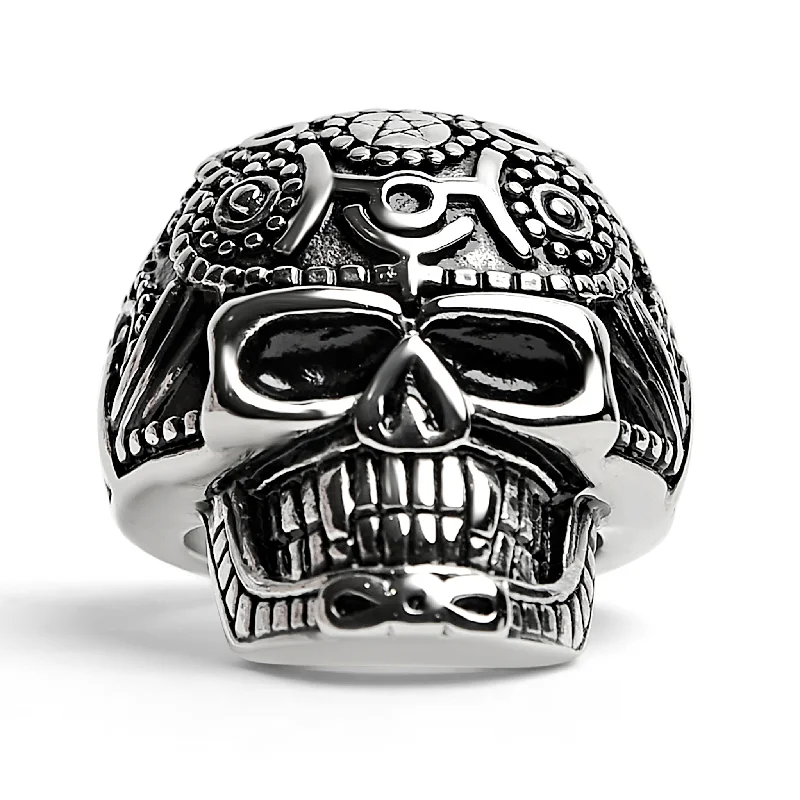 fancy-cut gemstone ladies ring-Detailed Skull Stainless Steel Ring / SCR4042