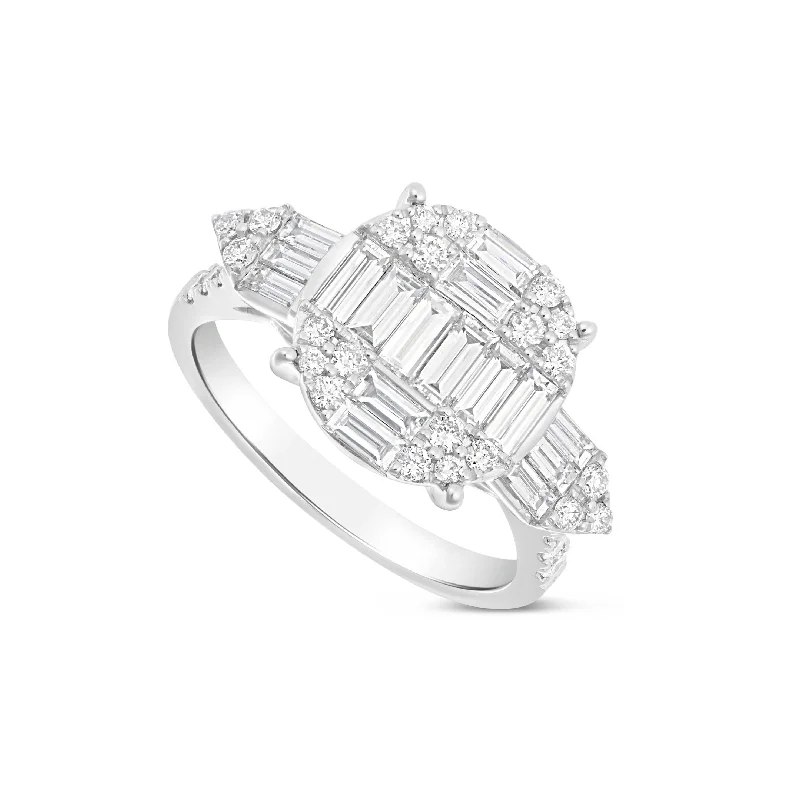 romantic heart engagement ring for women-14K White Gold Cluster Baguette & Round Diamond Ring