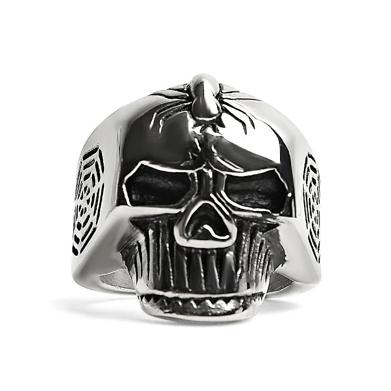 vintage-inspired ladies ring-Stainless Steel Skull With Spider And Web Accents Ring / SCR4025