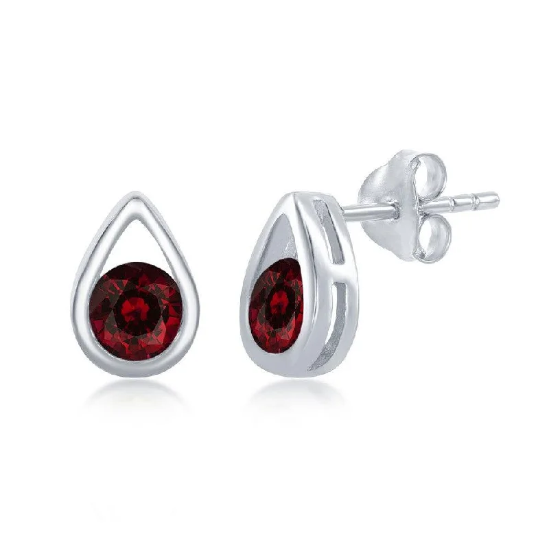 two-tone ladies earrings-Sterling Silver Open Pear shape Garnet Stud Earrings