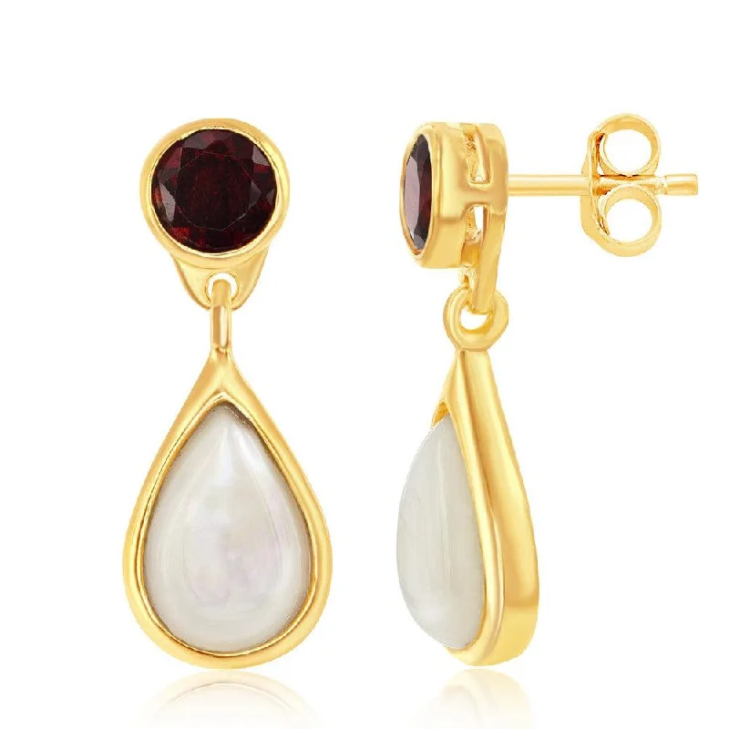 filigree ladies earrings-Sterling Silver Gold Plated Garnet and Mother of Pearl Earrings