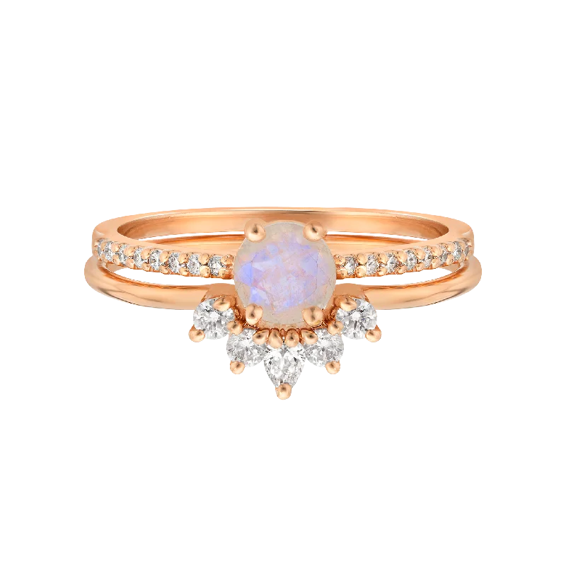 infinity band ladies ring-Rose Gold Rainbow Moonstone & Topaz Dancing Fairy Ring Set