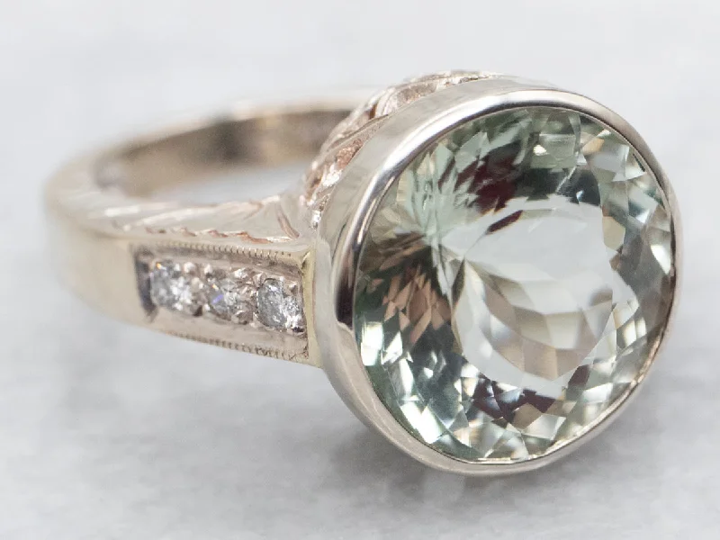 handcrafted bohemian engagement ring for women-Prasiolite Quartz and Diamond Ring with Floral Shoulders