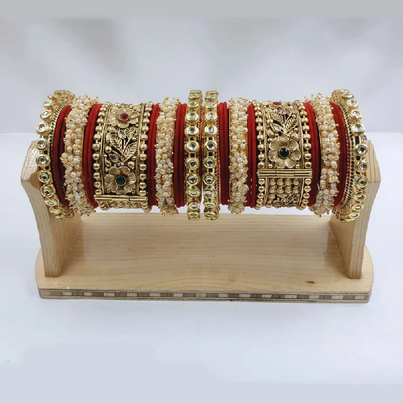 celestial moon and star ladies bracelet-Akruti Collection Gold Plated Kundan Stone And Pearl Bangles Set