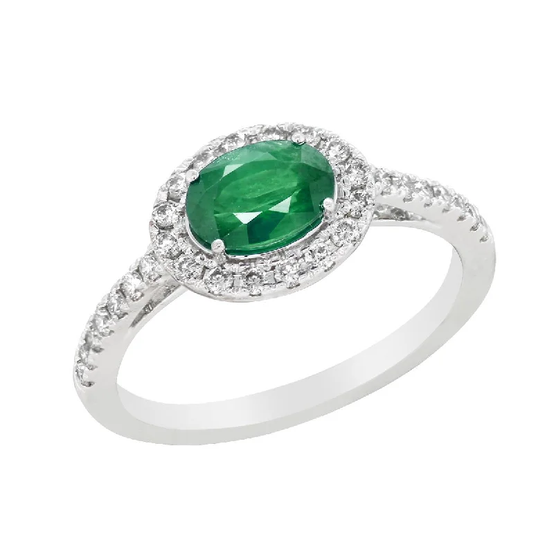 princess-cut ladies ring-WHITE GOLD FASHION RING WITH OVAL EMERALD AND DIAMOND HALO, .33 CT TW