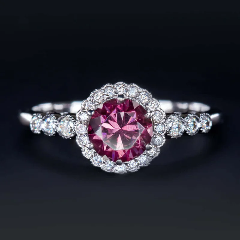 oval halo engagement ring for women-RHODOLITE GARNET NATURAL DIAMOND RING VINTAGE HALO WHITE GOLD PINK PURPLE ROUND