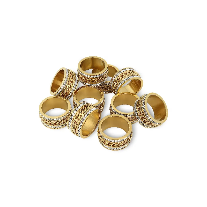 oval-cut ladies ring-10 Pack - CZ Eternity With 18K Gold Center Chain Spinner Stainless Steel Ring / ZRJ9012