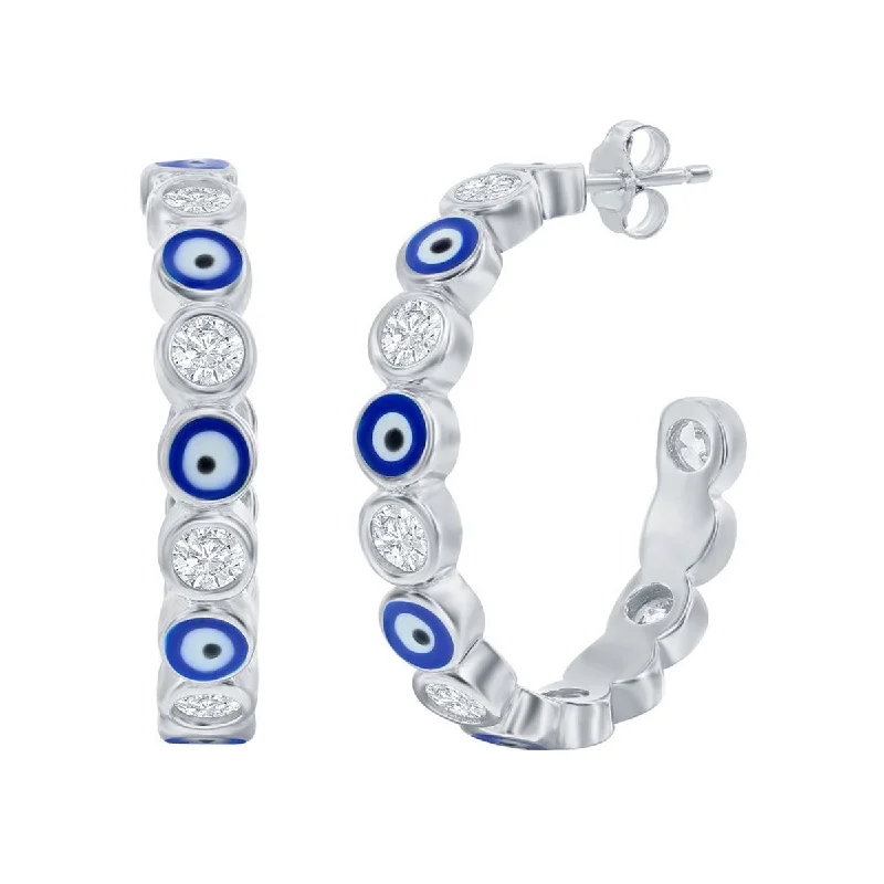 statement ladies earrings-Classic Women's Earrings - Alternating CZ and Navy Blue Enamel Evil Eye Hoop | D-8352