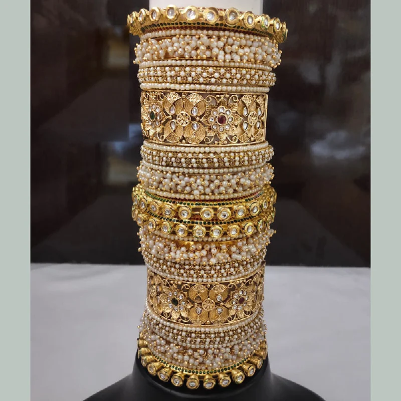 gemstone bead ladies bracelet-Lucentarts Jewellery Gold Plated Kundan And Pearl Bangles Set