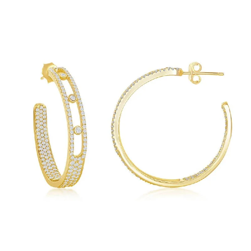 huggie ladies earrings-Sterling Silver Inside-Outside Pave and Bezel-Set Open Hoop Earrings - Gold Plated