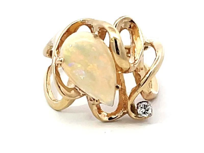 hidden halo ladies ring-Pear Shaped Opal and Diamond Squiggly Ring in 14k Yellow Gold