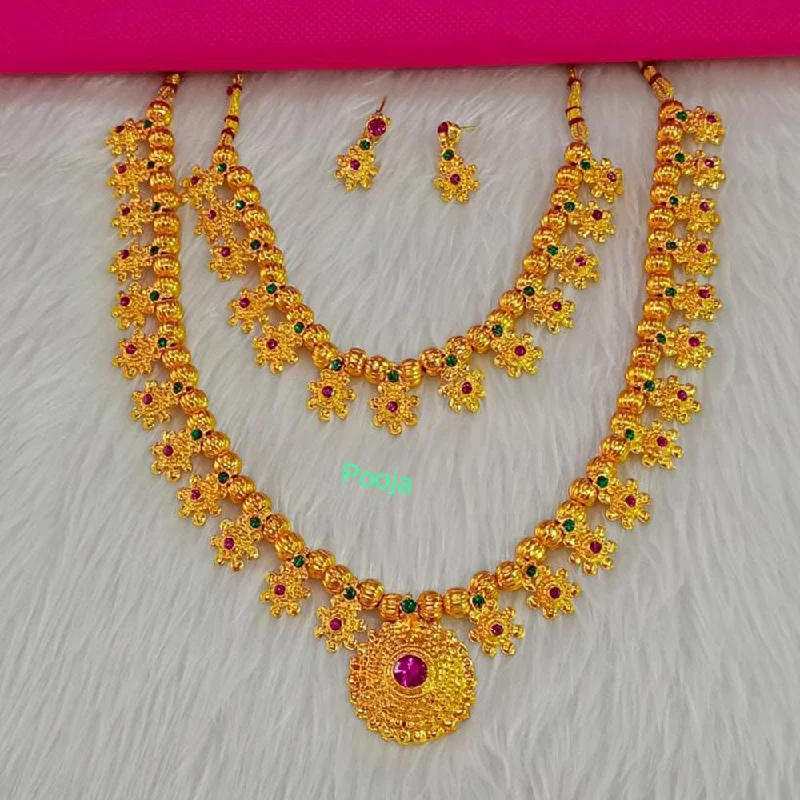 long chain ladies necklace-Pooja Bangles Gold Plated Pota Stone Long & Short Necklace Set