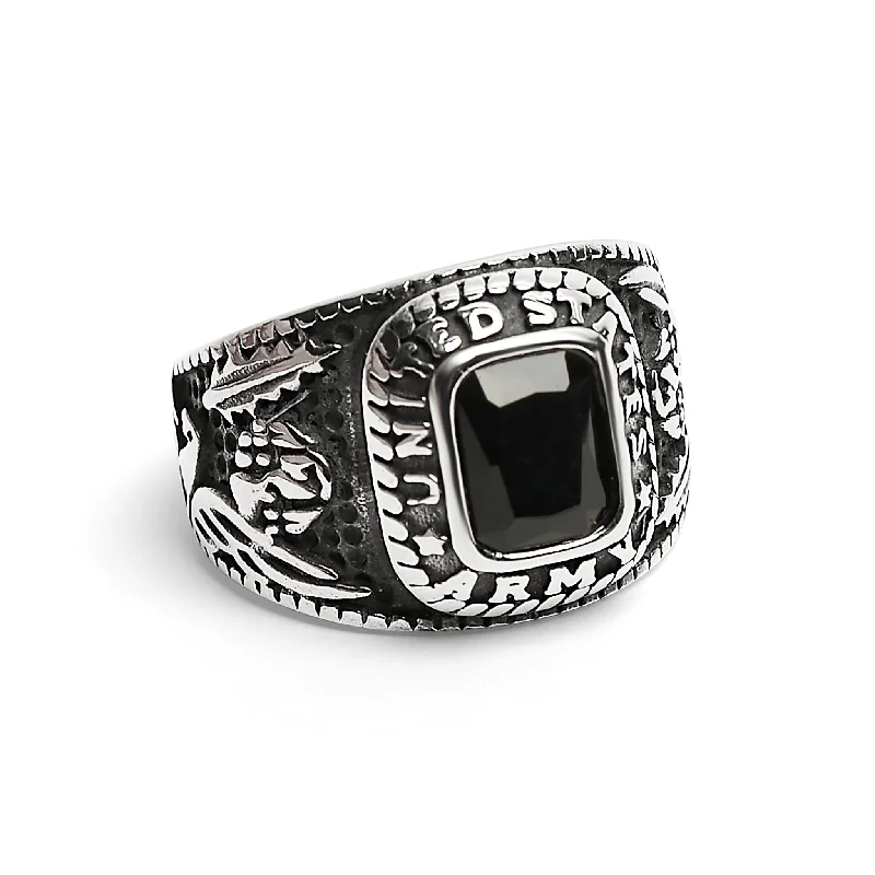 statement ladies ring-United States Army Military Stainless Steel Men's Ring with Black Stone / MCR3069