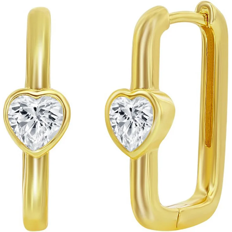 tribal design ladies earrings-Classic Women's Earrings - Gold Plated CZ Heart Shaped Rectangle Hinged | D-8216-GP