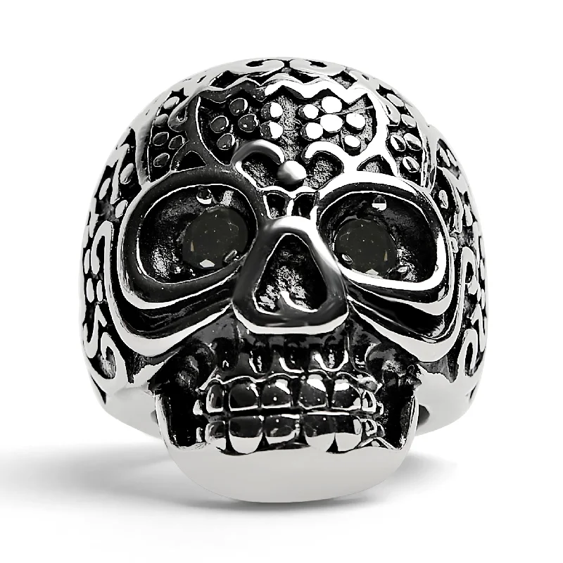 vintage ladies ring-Large Detailed Skull Black CZ Eyed Stainless Steel Ring / SCR4002