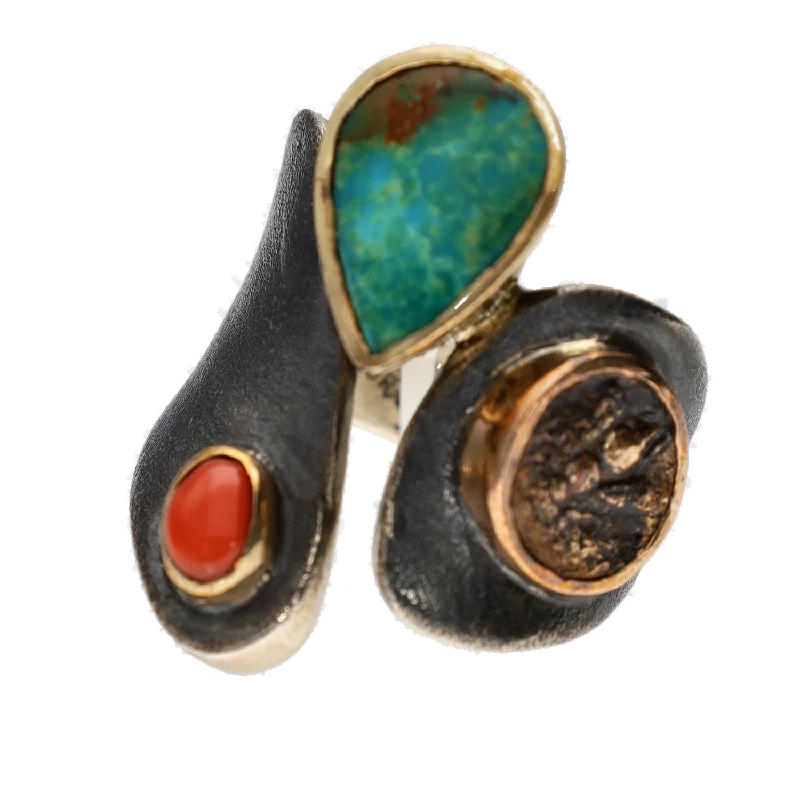 baroque-inspired ladies ring-Bora Jewelry of Brooklyn Sterling Silver & Bronze Ring w/Turquoise & Coral