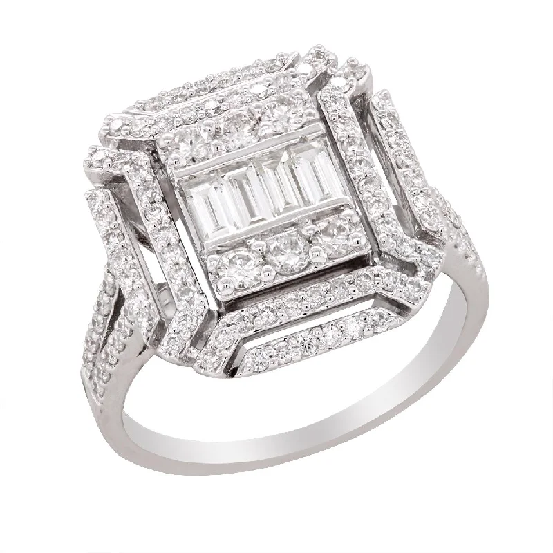 heirloom style ladies ring-WHITE GOLD STATEMENT RING WITH BAGUETTE AND ROUND CUT DIAMONDS, 1.05 CT TW