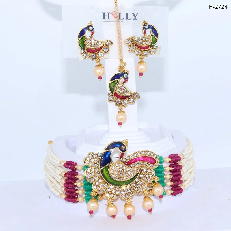 colorful gemstone ladies necklace-Corbeda Fashion Gold Plated Peacock Choker Necklace Set