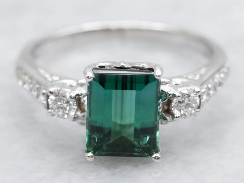 platinum solitaire engagement ring for women-Modern Green Tourmaline and Diamond Ring