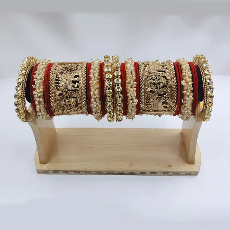 minimalist charm ladies bracelet-Akruti Collection Gold Plated Kundan Stone And Pearl Bangles Set