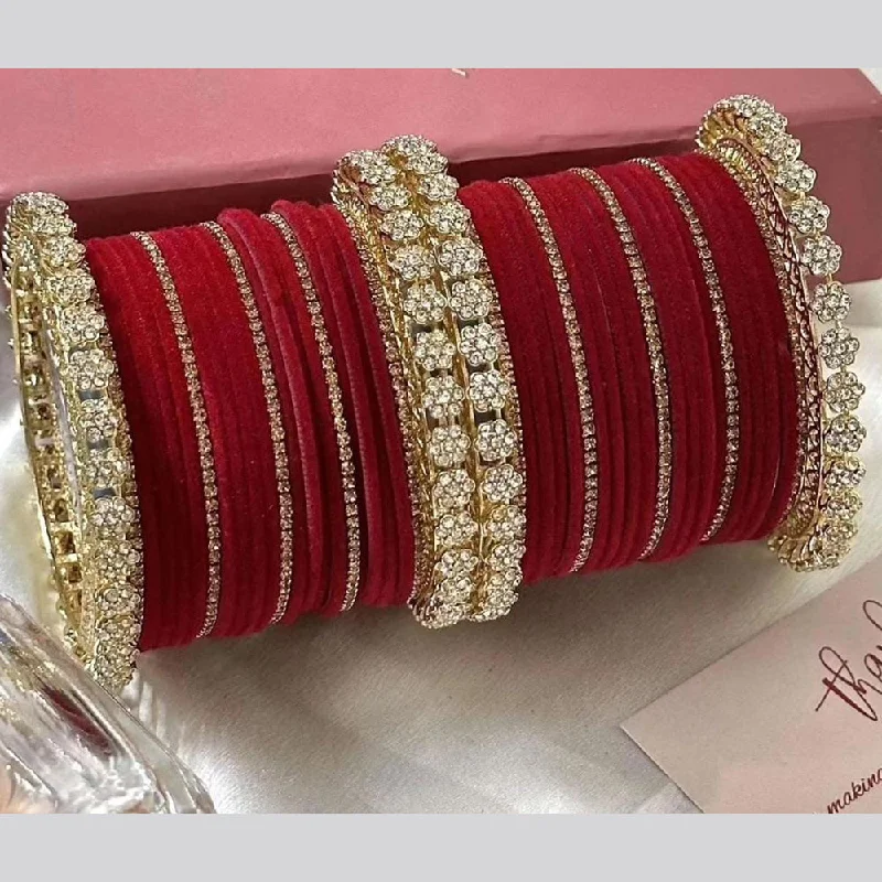 fine jewelry ladies bracelet-Pooja Bangles Gold Plated Austrian Stone And Velvet Bangles Set