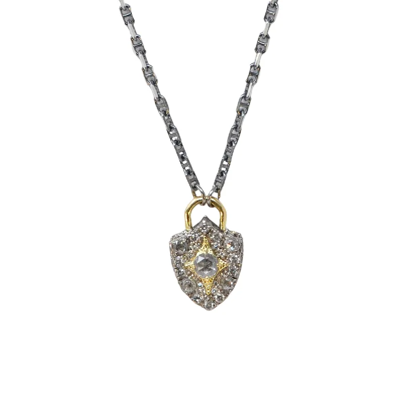 blue sapphire ladies necklace-Grey Diamond Padlock Shield Necklace