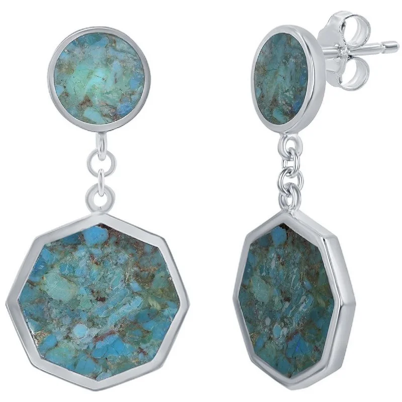 fine jewelry ladies earrings-Classic Women's Earrings - Sterling Silver Round and Hexagon Shaped Turquoise | D-7811