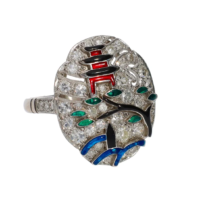 non-traditional ladies ring-Platinum Pavé Diamond & Enamel Asian Inspired Design Fashion Ring