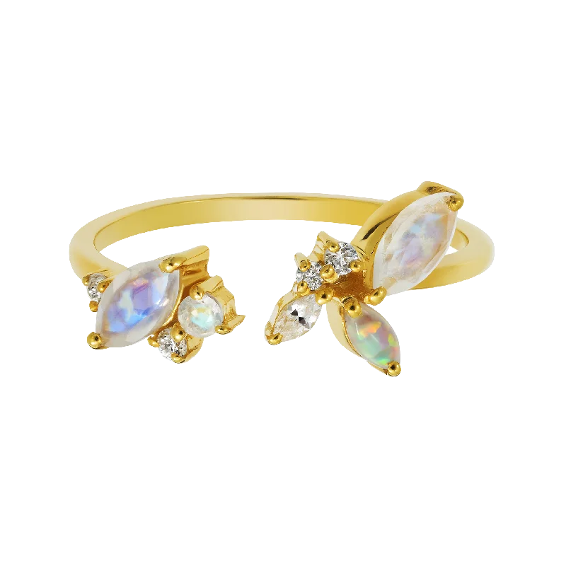 eco-friendly lab-grown ladies ring-Rainbow Moonstone, Opal and Diamond Picasso's Butterfly Ring