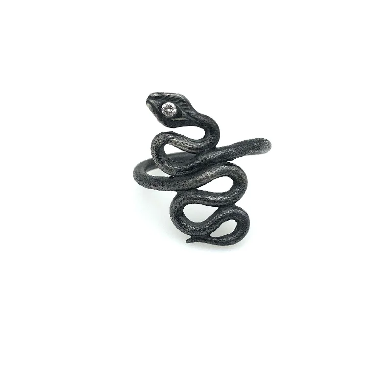 trillion-cut ladies ring-Snake Ring--Diamond Eye--Oxidized Sterling Silver