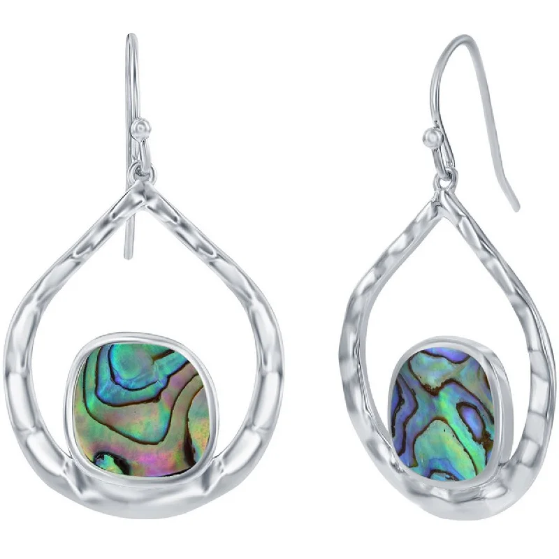 platinum diamond ladies earrings-Classic Women's Earrings - Irregular Abalone and Hammered Pear Shape Silver | D-7993