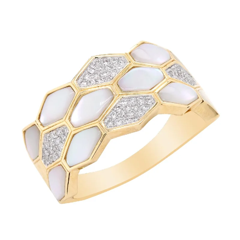 celestial theme ladies ring-YELLOW GOLD FASHION RING WITH MOTHER OF PEARL AND DIAMOND PAVE, .18 CT TW