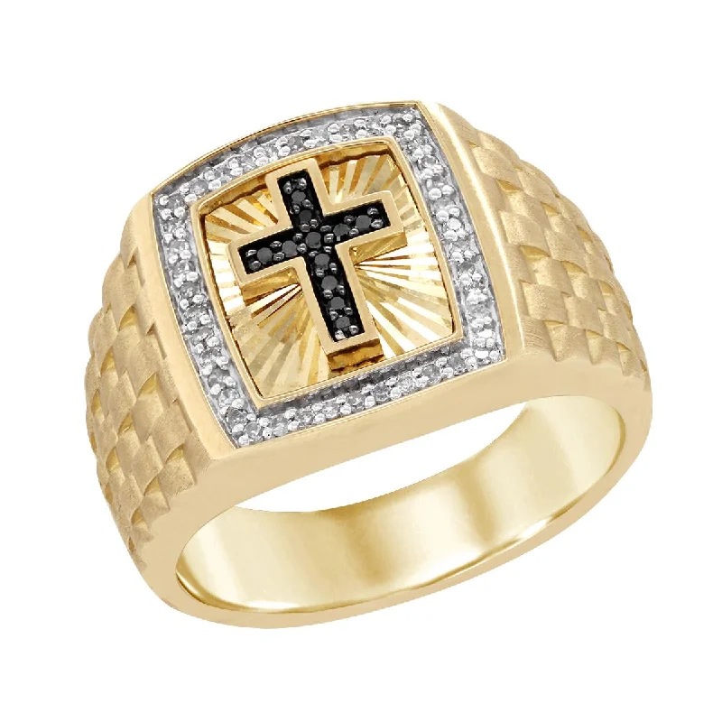 moissanite ladies ring-MEN'S YELLOW GOLD FASHION RING WITH BLACK DIAMOND CROSS AMD WHITE SIDE DIAMONDS, 1/5 CT TW