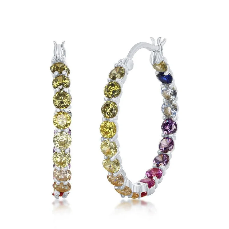 round-cut ladies earrings-Sterling Silver 3x25mm Inside-Outside Rainbow CZ Hoop Earrings