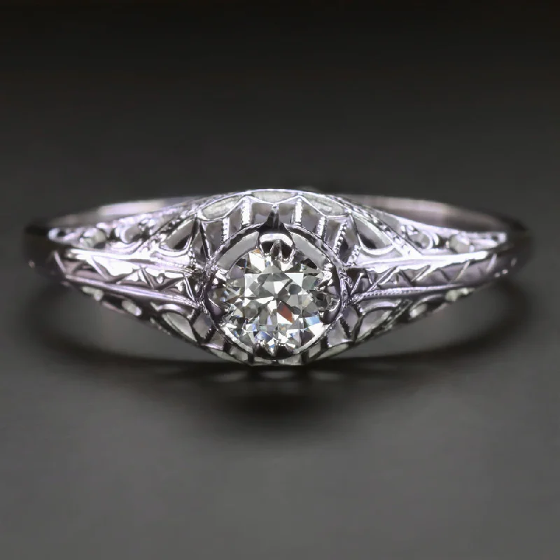 oversized chunky engagement ring for women-ART DECO DIAMOND RING OLD EUROPEAN CUT 1/3ct VINTAGE FILIGREE 14k WHITE GOLD