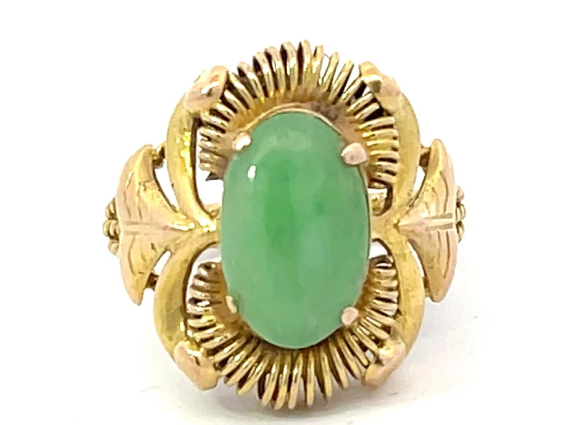 designer brand ladies ring-Art Deco Oval Jade Ring in 14K Yellow Gold